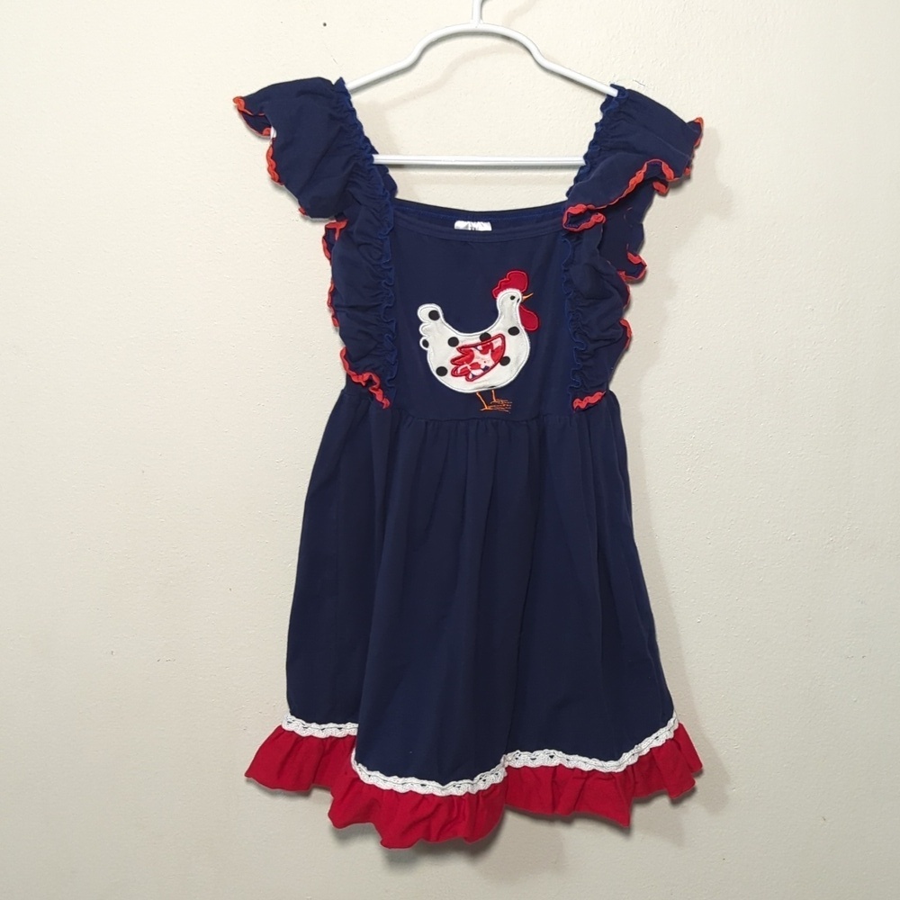 Navy Blue Chicken Dress with Ruffle Sleeves Little Girls Size XL (~6) - Picture 1 of 5